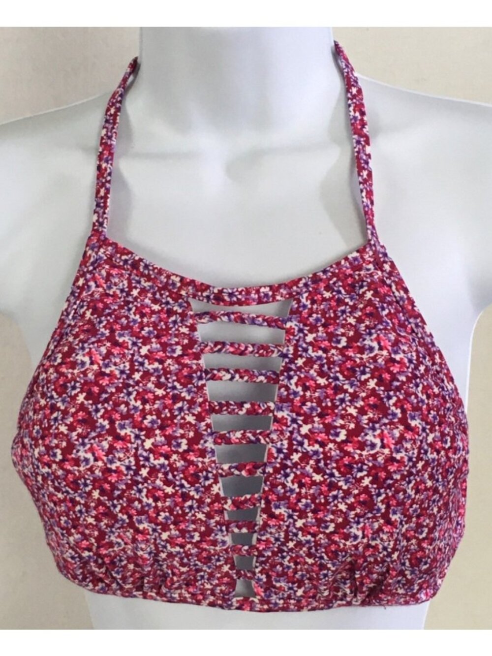 Arizona High Neck Swim Top Women Size M Red w White Blue Flowers Ladder Cut Out